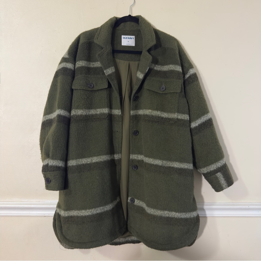 Olive Green Shacket Jacket Striped Coat Women’s XL Cozy Fall Winter Oversized